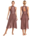 thumbnail image 6 of Lejafay Women's Lyrical Modern Contemporary Dance Costume Sleeveless Rhinestone Cutout Leotard Side Reddish Brown L, 6 of 6