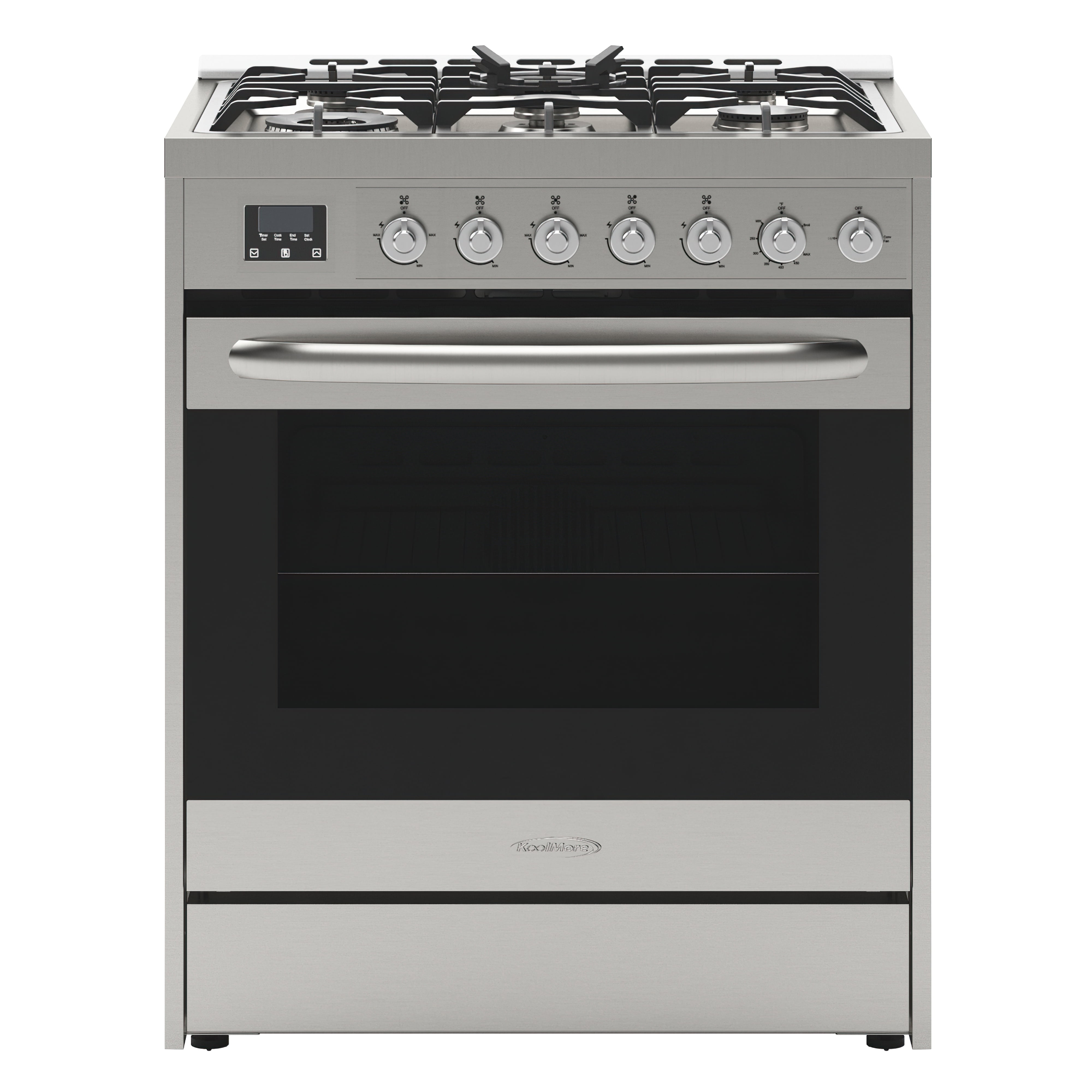 30” Inch Professional Gas Range Stove with 5 Burner Cooktop, Rapid Convection Oven, and Digital Timer with Heavy-Duty Cast Iron Grates, Stainless-Steel Appliance, Silver