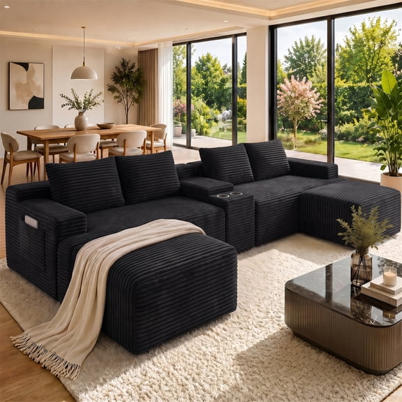 Aukfa 140" U-Shaped Cloud Sectional Sofa Oversized Boneless Couch with Cup Holder Storage Console Modular Couch for Living Room, Corduroy, Black