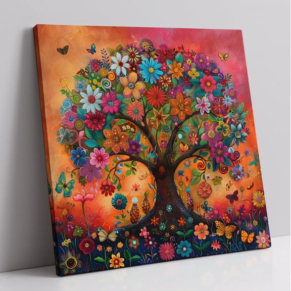 Tree of Life Canvas Wall Art, Mandala Style Prints Pictures, Butterfly Wall Art Floral Art Nature Abstract Painting, Modern Landscape Artwork for Living Room Bedroom Office Home Decor (16x16 Inches)
