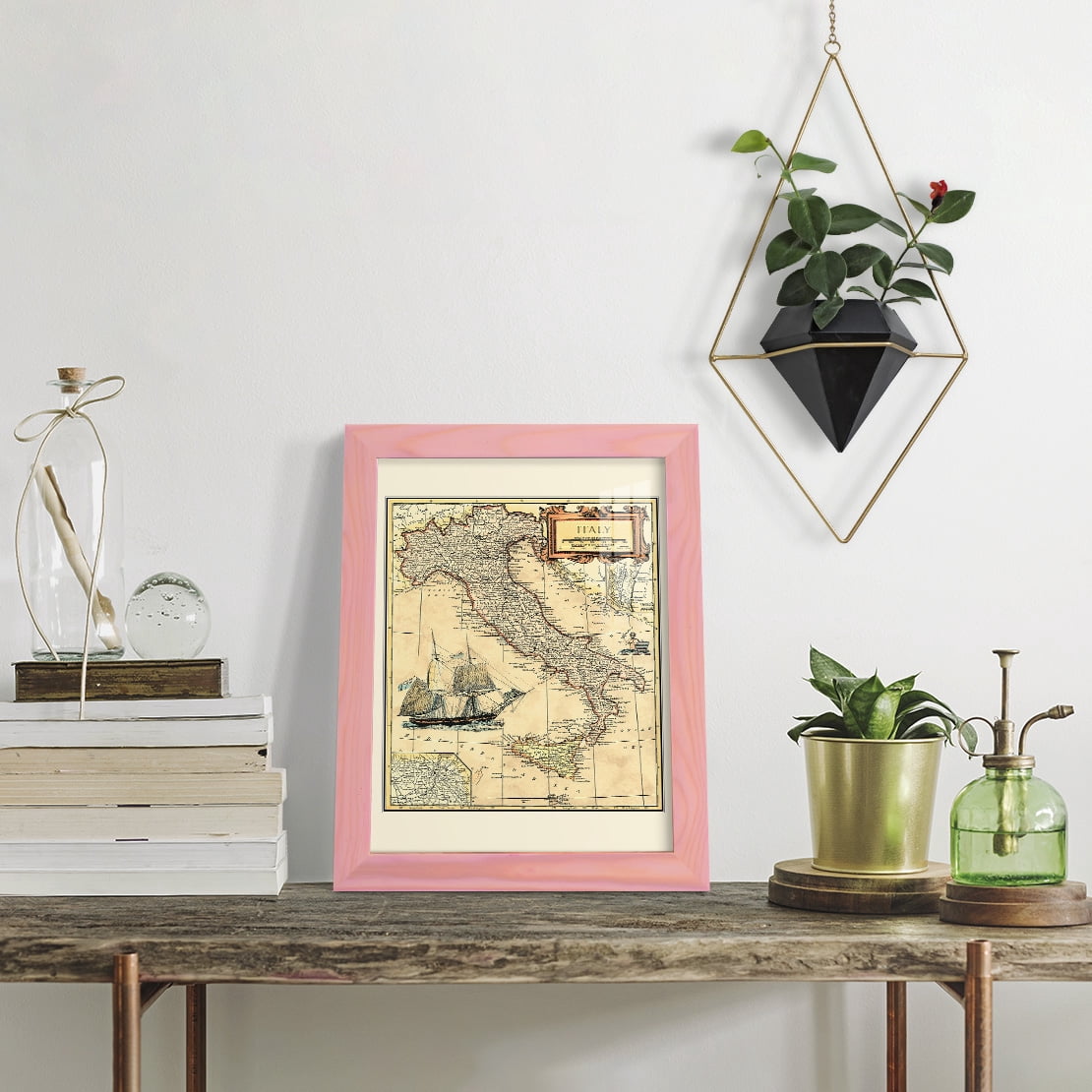 Italy Map -Framed Print w/glass-Sunset Pink