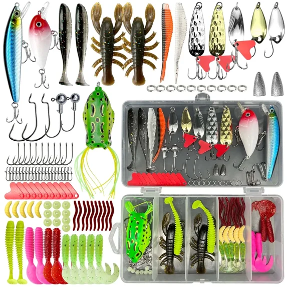 Fishing Lure 104 pcs Fishing Lures kit Lure Set for Bass Trout Salmon Freshwater Fish Tackle Shrimp Worm Bait Spoon Grasshopper Crankbait Jigs Hooks Fishing Gear and Equipment