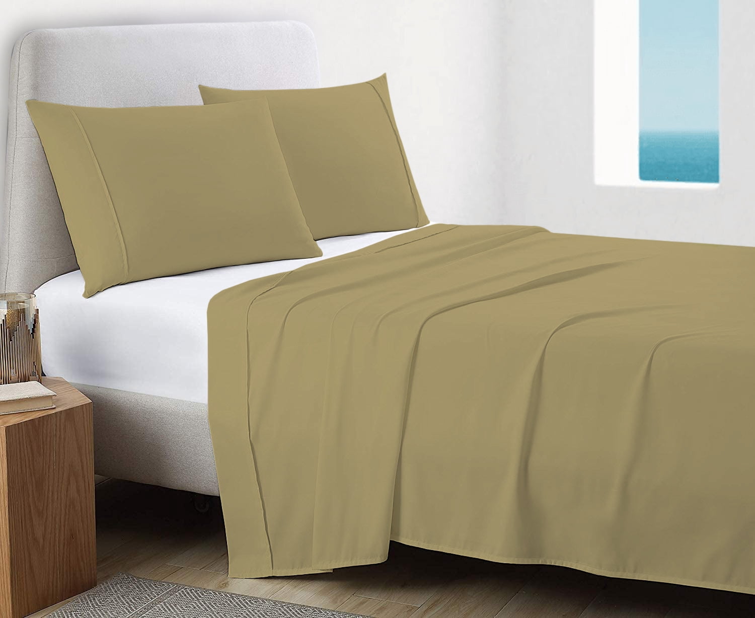 A1HC 100% Organic Cotton Flat Sheet 300 TC, Wrinkle Resistant Soft Lustrous Sateen Weave Sheets, Queen 105" x 96", Sand