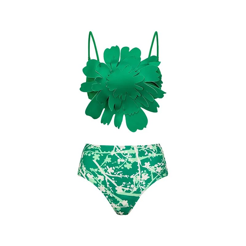 Green Flower Bikini Women Swimsuit with Cover UpPrint Bikini Set Push ...