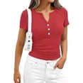 thumbnail image 5 of Qwertyu Women's 2026 Fall Summer Short Sleeve Tops Ribbed Henley Button Slim Fit Basic Casual T Shirts Blouse Clothing Vermilion S, 5 of 7