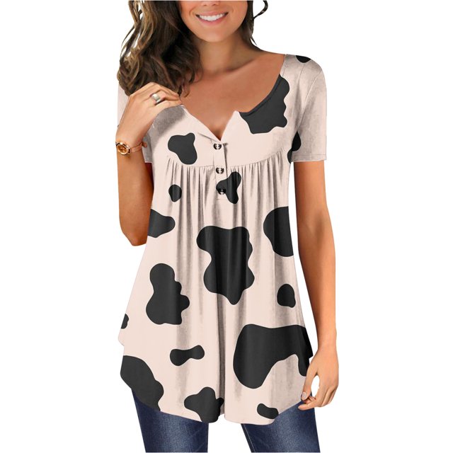 SMihono Hauts pour Femmes Été Décontracté Chic Col Rond Imprimé Vache Manches Courtes T-Shirt Oversize pour Femmes