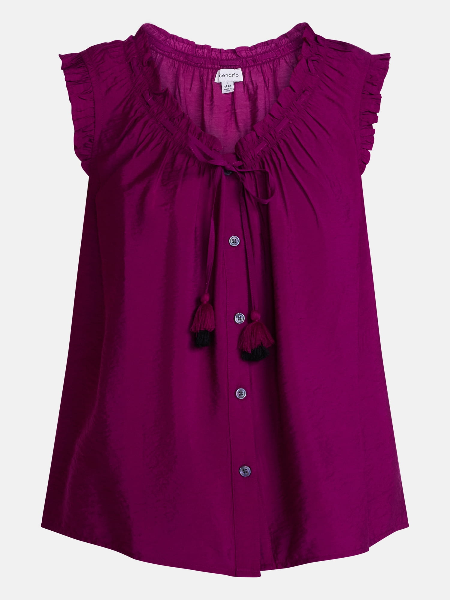 Scenario Women's and Women's Plus Ruffle Neck Tank Top with Tie Front, Sizes XS-4X