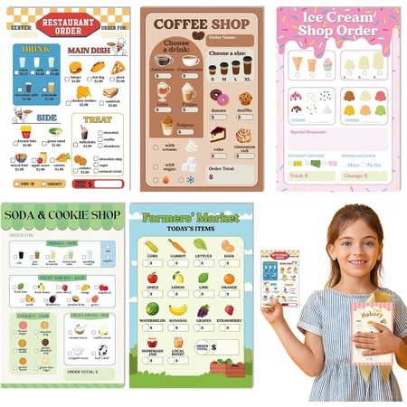 6 count Pretend Play Notepads 4 x 6 Inch Restaurant Pretend Play Playtime Notepads Bundle Imaginative Role Playtime Accessories, 40 Pages Each for Gifts