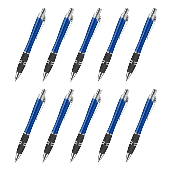 10 Silver Accent Grip Plastic Pens Pack - Click action, Rubber Grip - Blue