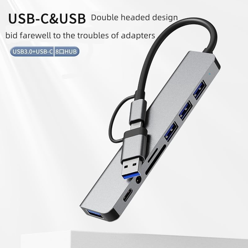 USB C Hub Pro 8 in 1 Multiport Adapter, 3 USB 2.0 Ports, 1 USB 3.0 Port, SD/TF Card Reader, 3.5mm Audio Port, Portable USB C Hub for Tablet, PC, Laptop, PS5/4, Switch, Flash Drive