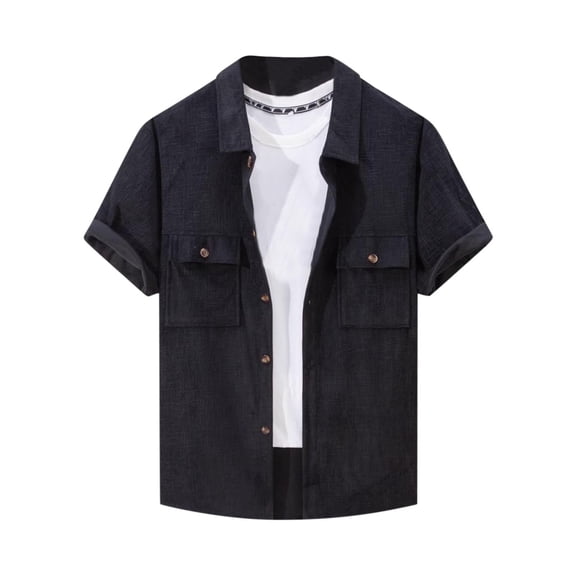 Fashion YLSDY Men Classic Solid Color Jacquard Button Down Shirts, Summer Loose Casual Short Sleeve Tops Fashion Beach Party Pockets Tees Black XXXL