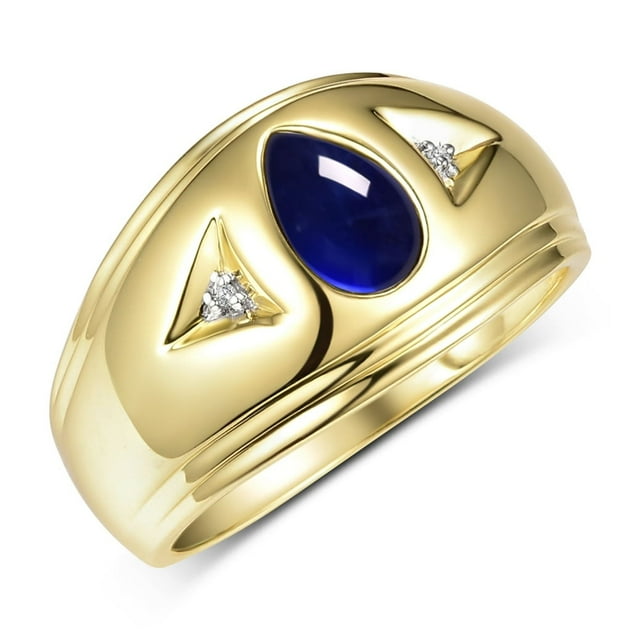 RYLOS Men's Rings Yellow Gold Plated Silver Pear Tear Drop Cabochon Gemstone & Diamond Ring Cabochon Sapphire Size 10