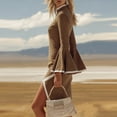 thumbnail image 4 of Womens Faux Suede Midi Dress Mock Neck Color Block Flare Sleeve Slim Fitting Split Dresses Khaki XL, 4 of 4