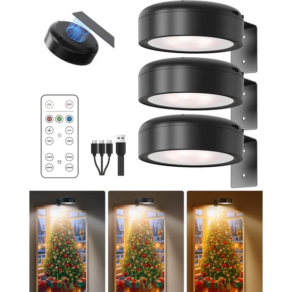 3PCS Battery Operated Picture Light, Magnetic Led Painting Light with Remote Dimmable and Timer, 3 Lighting Modes Art Display Light for Picture Frame Paintings, Wireless Wall Decor Puck Lights, Black