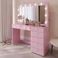 thumbnail image 3 of Ember Interiors Pink Makeup Vanity Desk with Lights, USB-C, Glass Top, 7 Drawers, 3 of 7