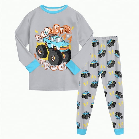 Gvdentm Little Boys Pajamas Toddler Boys Clothes Monster Truck Sleepwear Cotton 2 Pieces Pjs Kids Sets(Grey,5-6 Years)