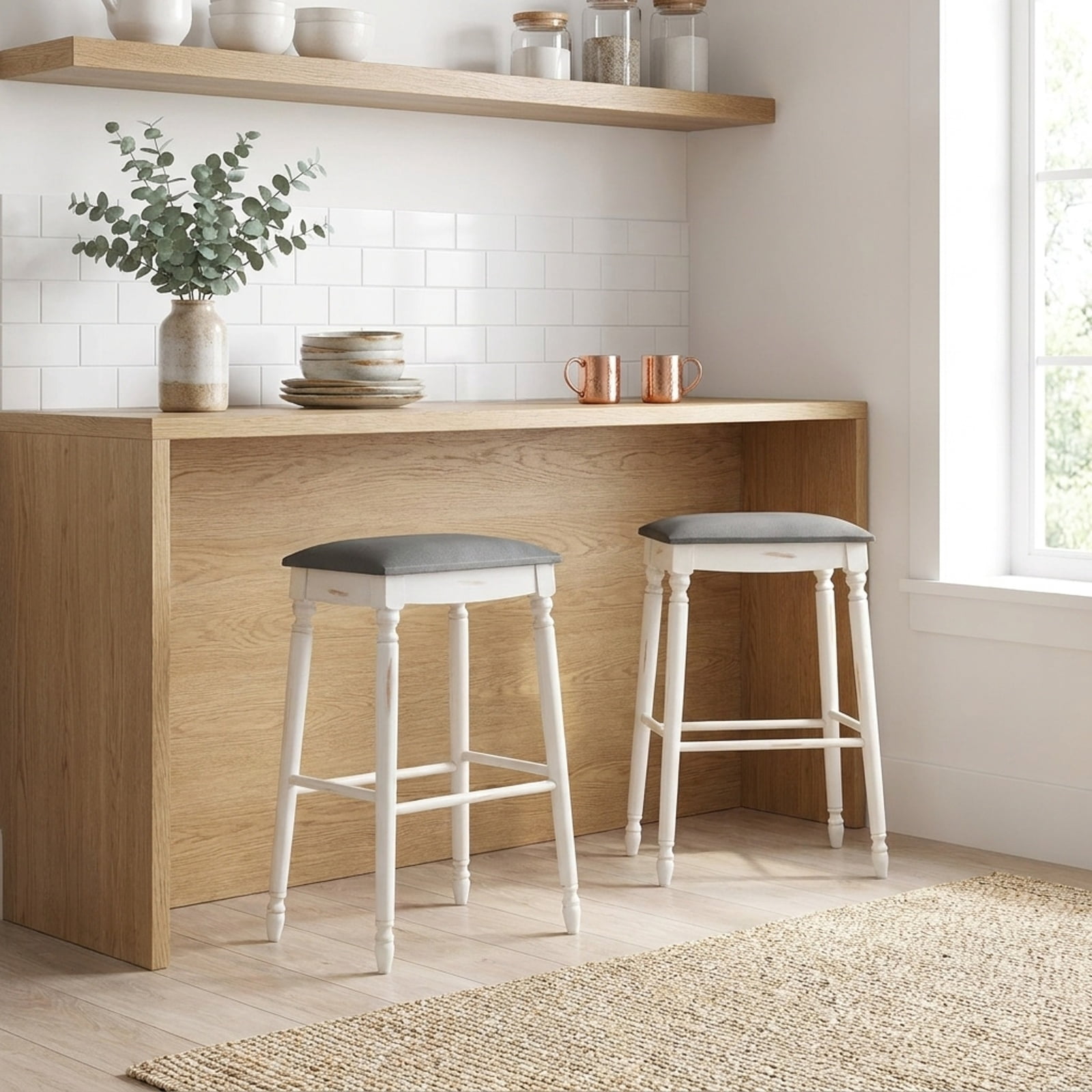 Furnibear 29 Inch Bar Stool Set of 2 with Padded Seat Cushions and Wood Legs-29 inches for Kitchen Island Counter Bar Pub Dining Home, White