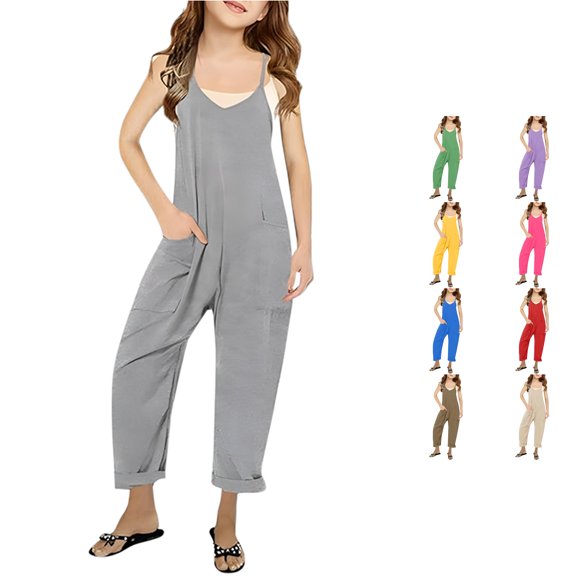 VOUZZA Girls Suspender Jumpsuit Fashion Casual Solid Color V-Neck Loose Fit Strap Long Wide Leg Romper Pants with Pockets