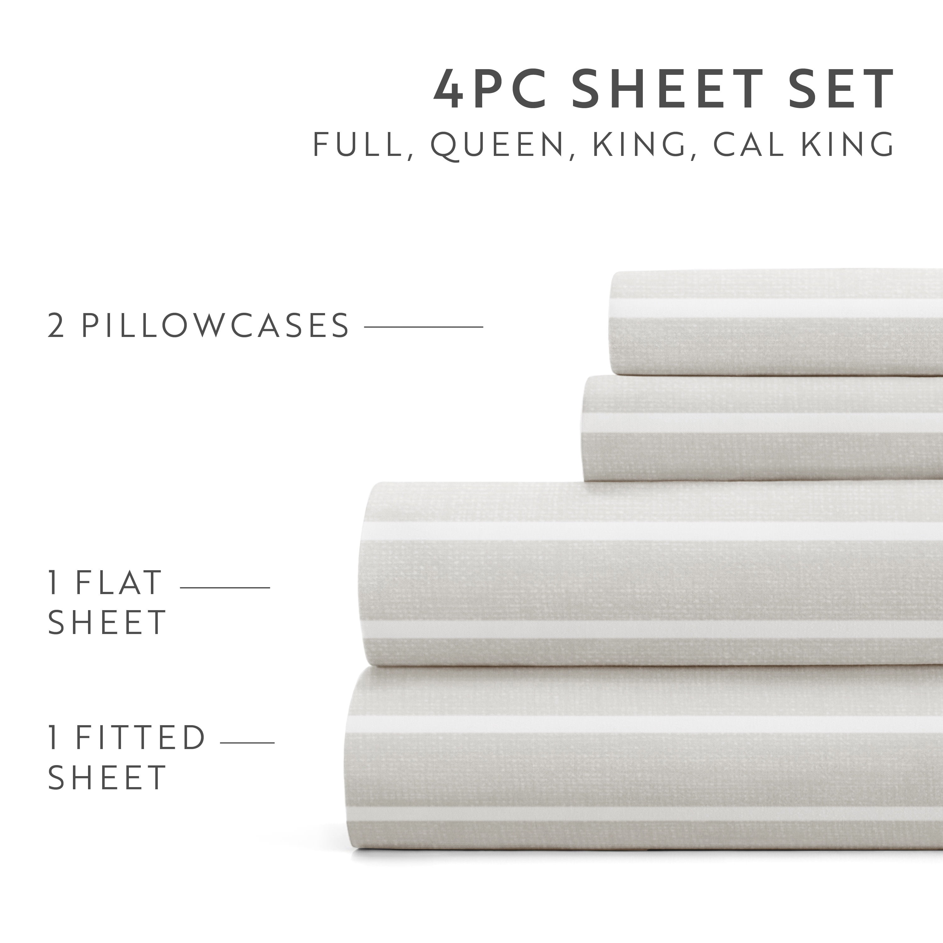 Noble Linens 4 Piece Pattern Microfiber Bed Sheets Set, Soft Lines Light Gray, Queen