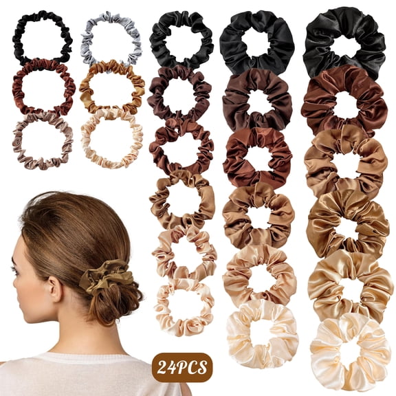 24 Pcs Satin Silk Scrunchies, Bulk Soft Silk Hair Ties, Hair Elastics Ponytail Holders for Women Girls Curly Thick Thin Hair Accessories (4 Sizes, Brown)