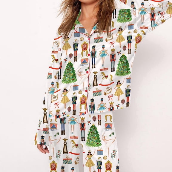 SheShow Christmas Nutcracker Print Silky Casual Long Sleeve Pajama Set for Women, White, L