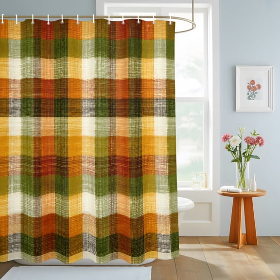 Orange Green Plaid Shower Curtain, Rustic Warm Palette Tan Gingham Plaid Farmhouse Waterproof Washable Shower Curtain for Bathroom Bathtub Partition Bath Decoration Set with Hooks 60x72in
