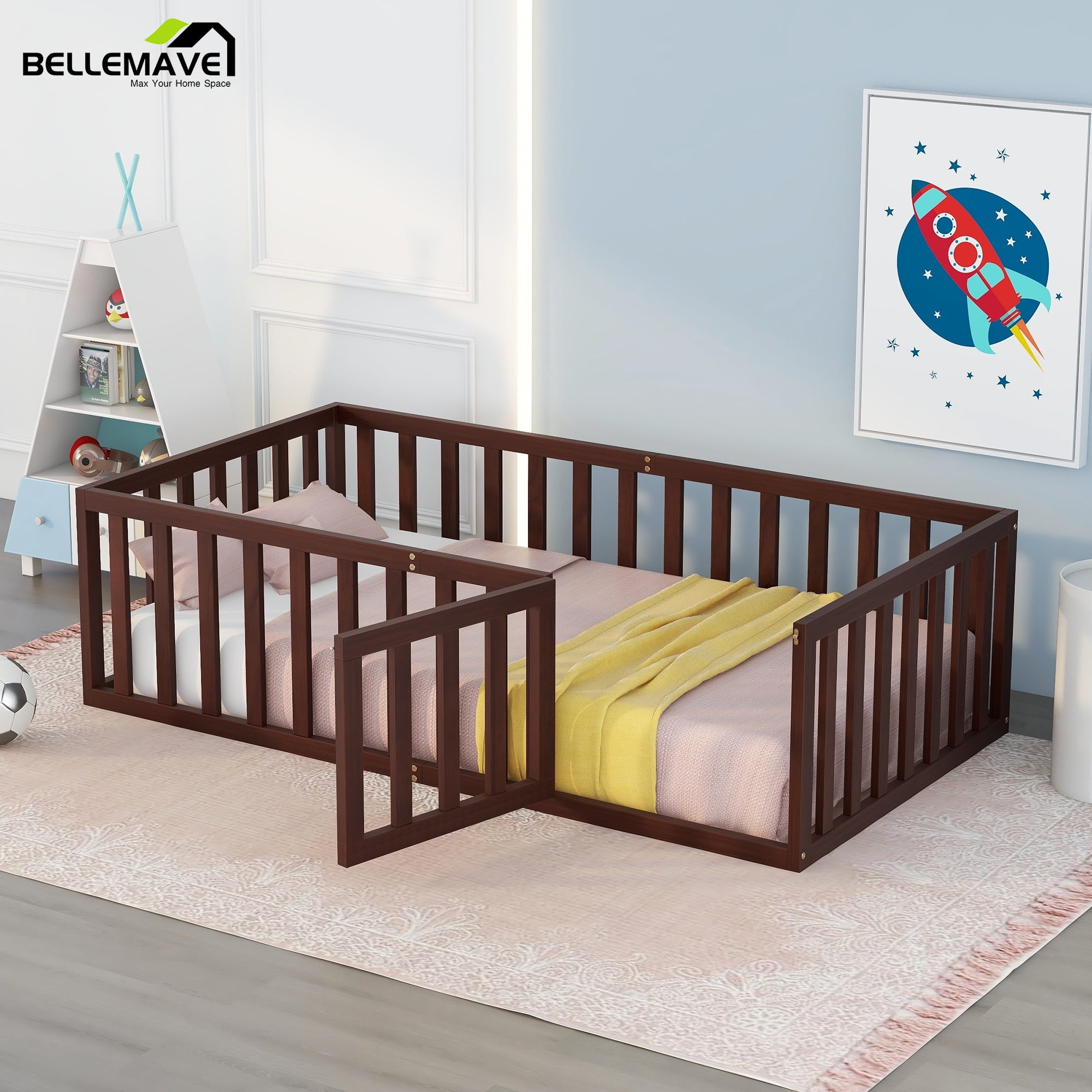 Bellemave Twin Size Montessori Bed for Toddler, Wood Kids Floor Bed Frame with Fence and Door