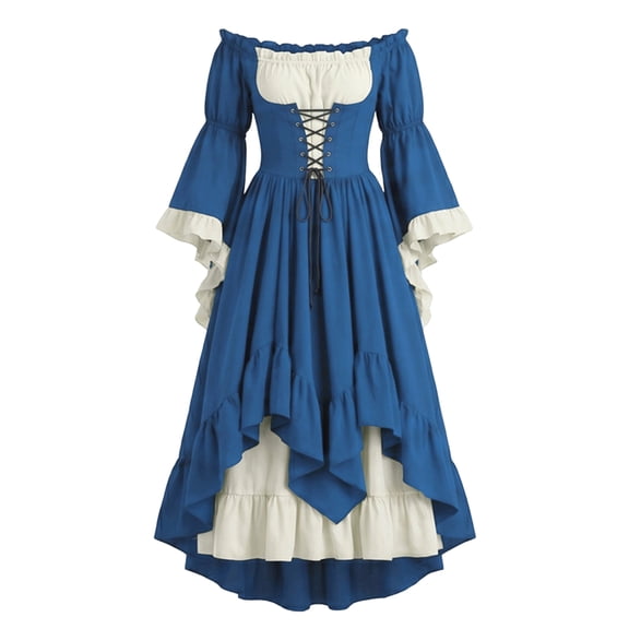 Renaissance Medieval Women Costume Dress Off Shoulder Corset Bell Sleeve Victorian Dresses Halloween Dress Blue S