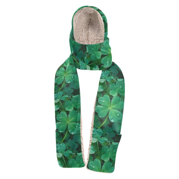 BZSMCE Warm Fleece Hood Scarf Wrap Lucky Leaves Pattern