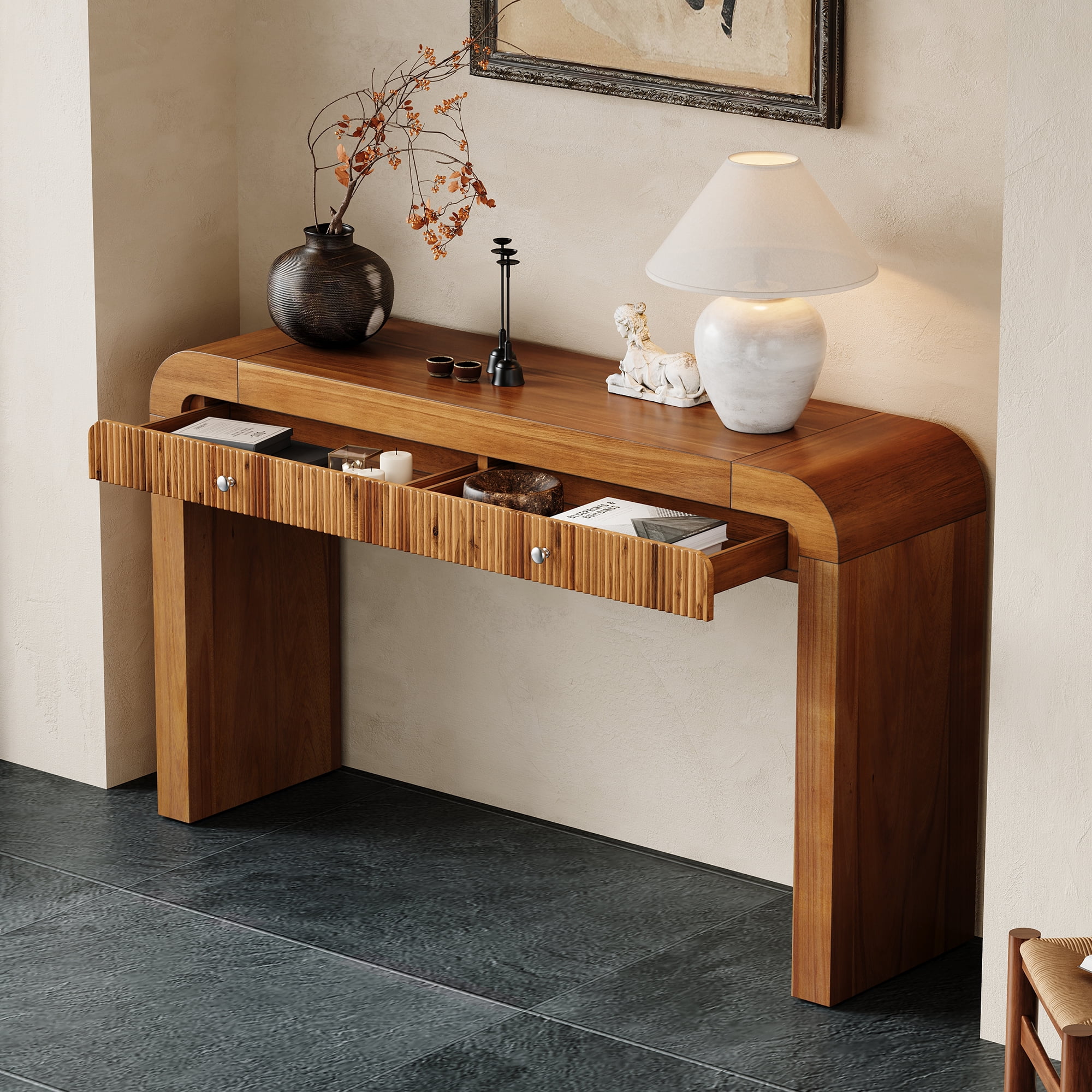 Harper & Bright Designs Wood Console Table with Storage , Flutde Entryway Table with Curved Corners for Hallway & Living Room , Brown