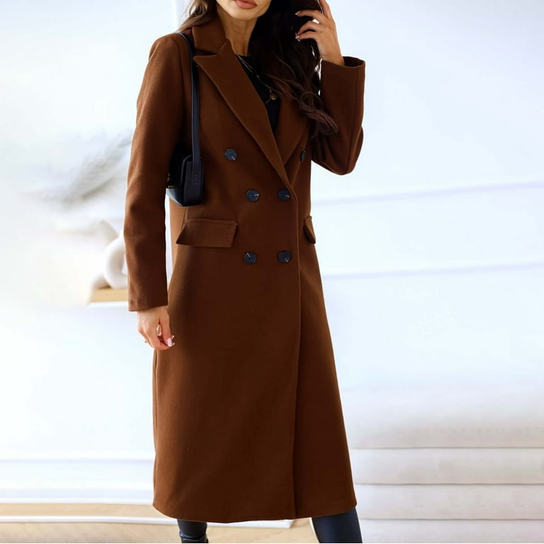 LBECLEY Women Coat Womens Lapel Wool Coat Women's Autumn and Winter Simple  Double Long Sleeved Lapel Button Woolen Jacket Wool Wrap Coat Coats for  Women Brown L 