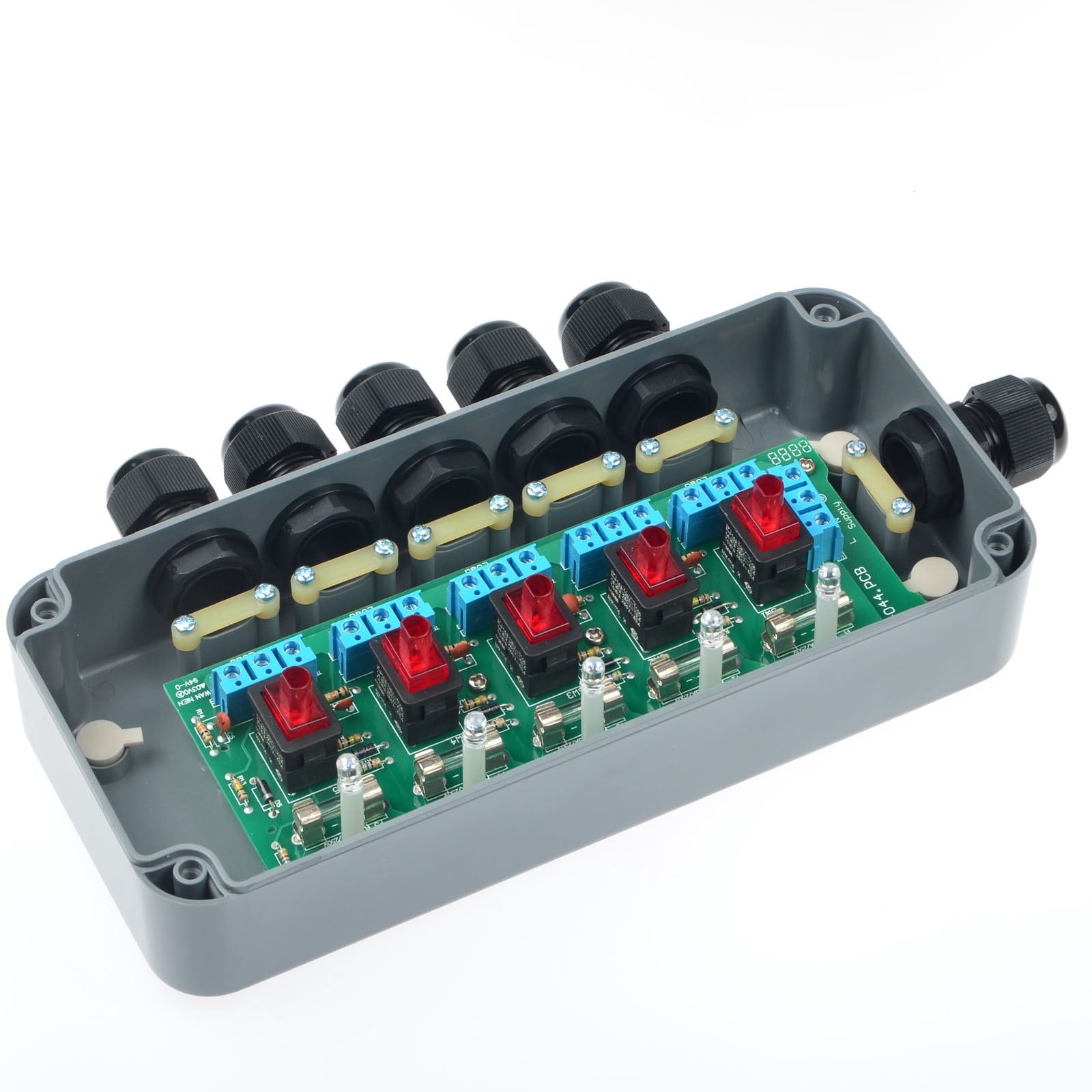 GREENCYCLE 4 Pack 15A 125VAC 5-Gang Power Control Switch Junction Box Weatherproof Outdoor Switched with 5 x Push Switches w/indicators and 6 x 20mm Cable Gland IP66 Rated