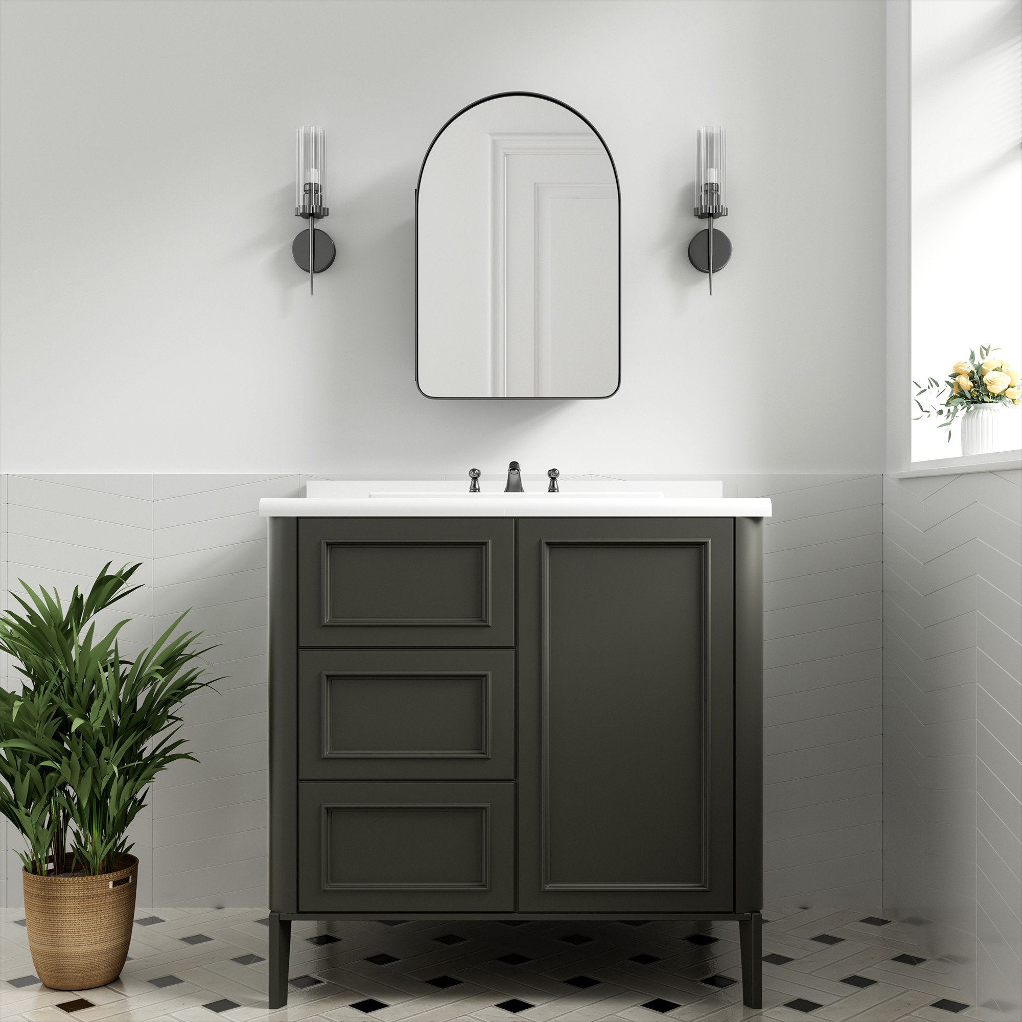 MAYEERTY 24"x16" Iron Arched Bathroom Mirror Cabinet, Black