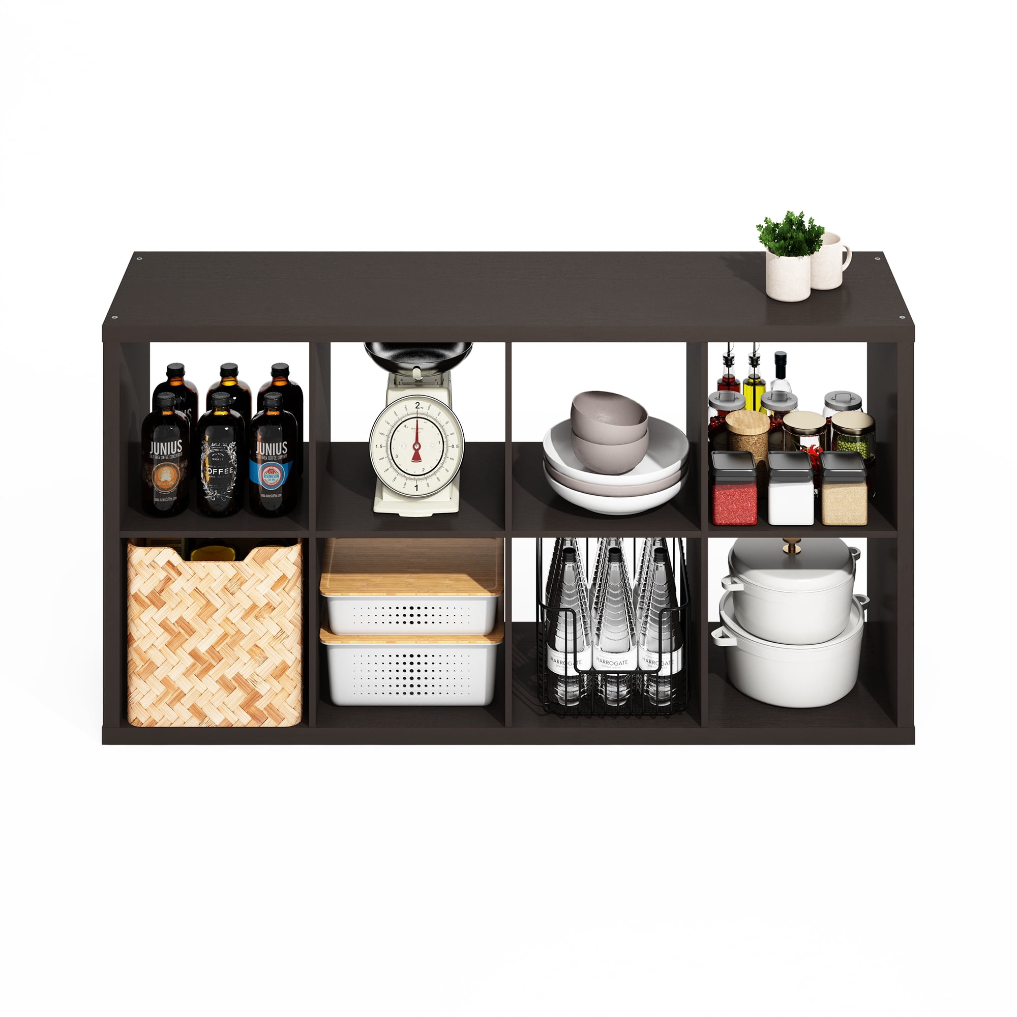 Furinno HERMITE 8 Cube Kitchen Island with Storage Bakers Rack in Black Oak