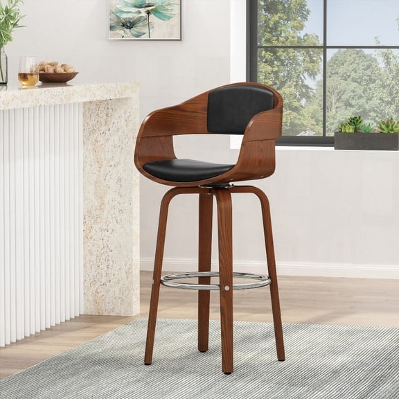 Modern Faux Leather Bar Stools - 30" High, 1-Pack with Walnut Footrest.