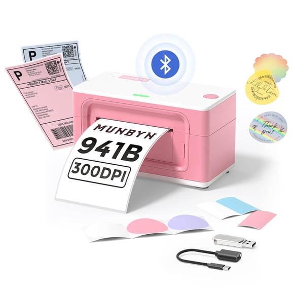 Impresora térmica de etiquetas MUNBYN 941B Bluetooth 300DPI 4x6 Rosa