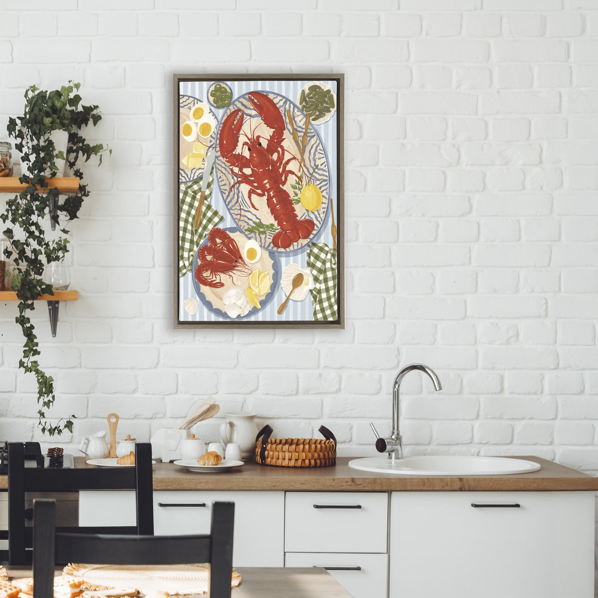 Stupell Industries Lobster For Lunch Platter Brown Framed Floater Canvas Wall Art, design by Vero Illustrates