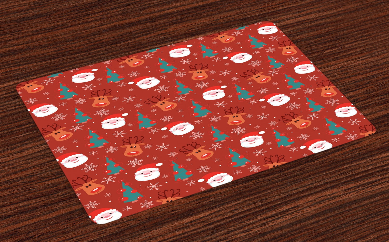Red Placemats Set of 4 Smiling Cartoon Santa with Rudolph Tree and