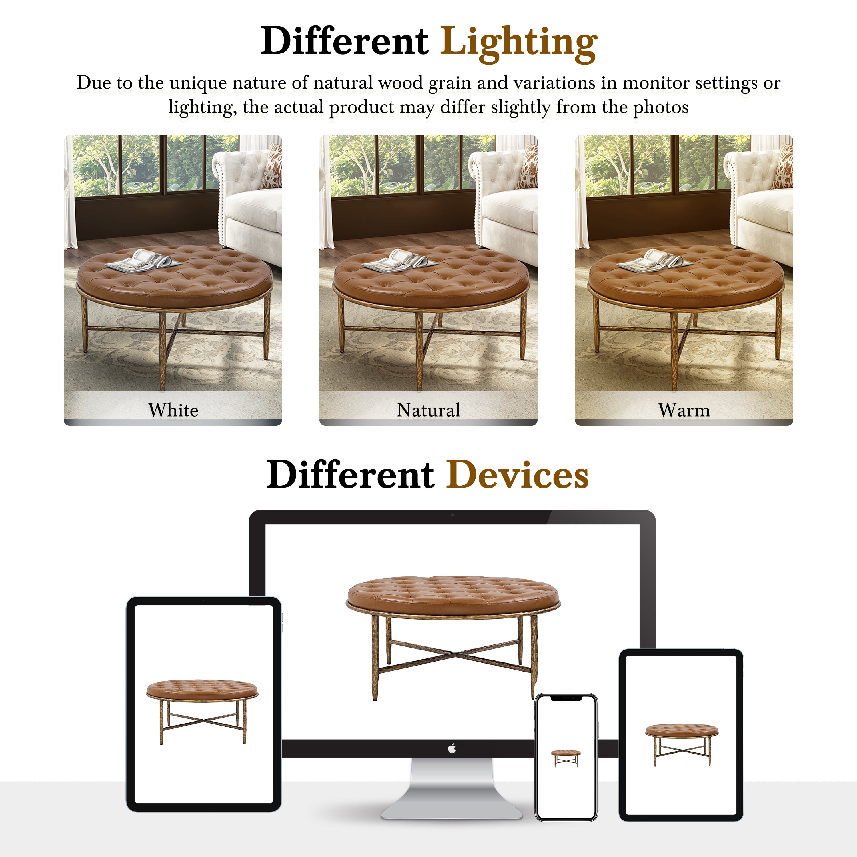 GARITIN Round Tufted Ottoman 36 Inch, Large Upholstered Footstool Coffee Table with Hammered Metal Frame for Living Room, Brown