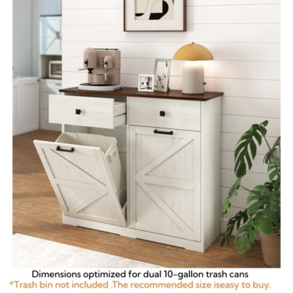 Farmhouse Double Tilt-Out Trash Cabinet, 2 x 10 Gallon Hidden Garbage Can Storage, Recycling Cabinet with Drawers, Barn Door Style, Brown + Antique White