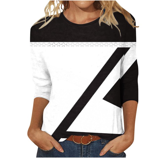 FAIWAD Womens 3/4 Sleeve Tops Round Neck Spring Trendy Tunic Tops Color Block Loose Pullover Tops
