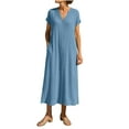 thumbnail image 2 of Xuniizn Robe en Coton et Lin pour Femme Grande Taille, Robe Chemise à Col en V, Décontractée, Couleur Unie, Boutonnée, Robe Maxi d'Été, P-3TG, 2 of 6