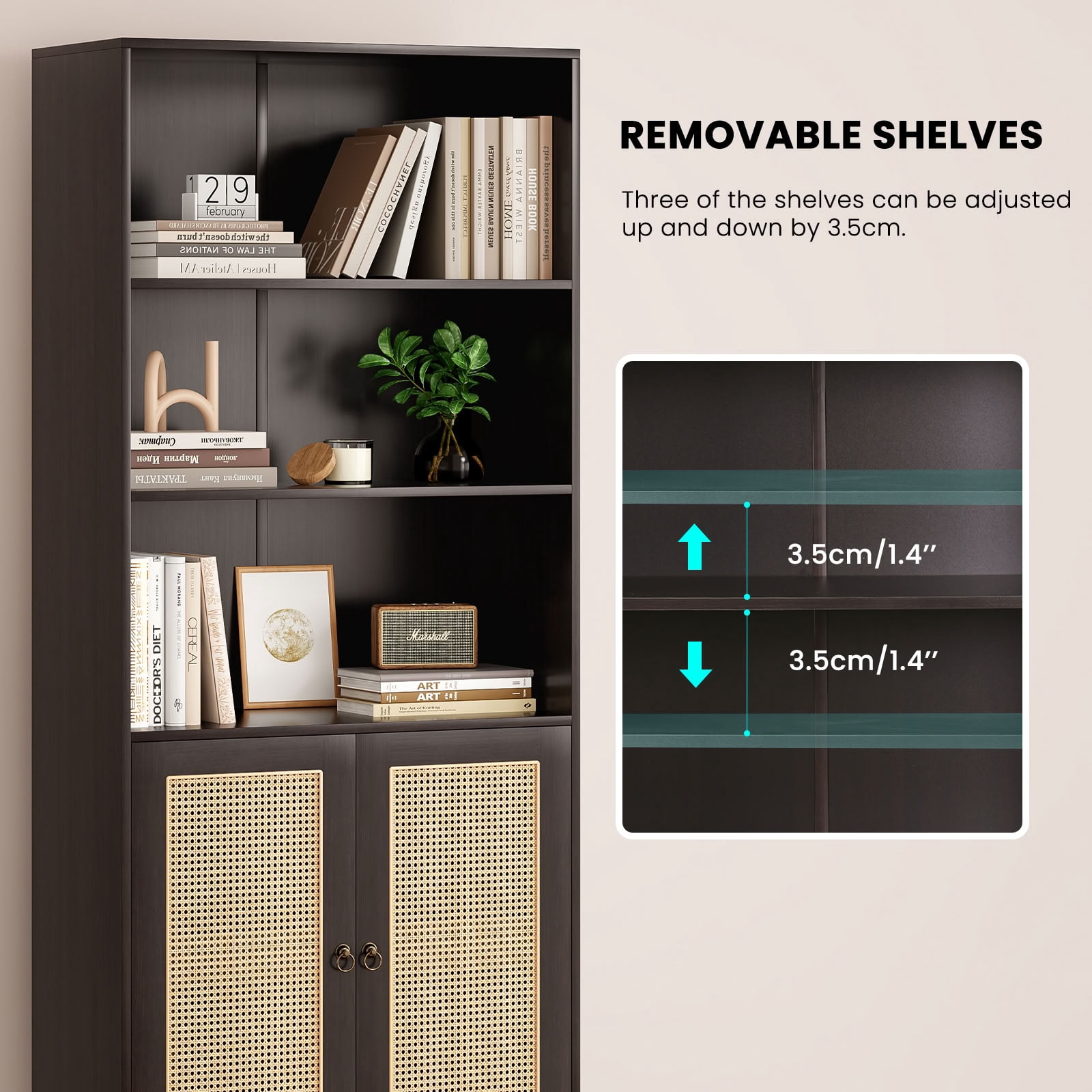 MAYEERTY 5-Tier Tall Bookcase with Rattan Doors, Freestanding Wood Bookshelf with Closed Storage Cabinet, for Library Living Room Bedroom Home Office
