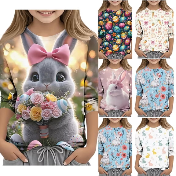 Taqqpue Easter Shirt Funny Kids 3/4 Sleeve Bunny Graphic Tee Tops Boys Girls Crewneck Plus Sizre Tshirt for Girls Boys 3-13 Years