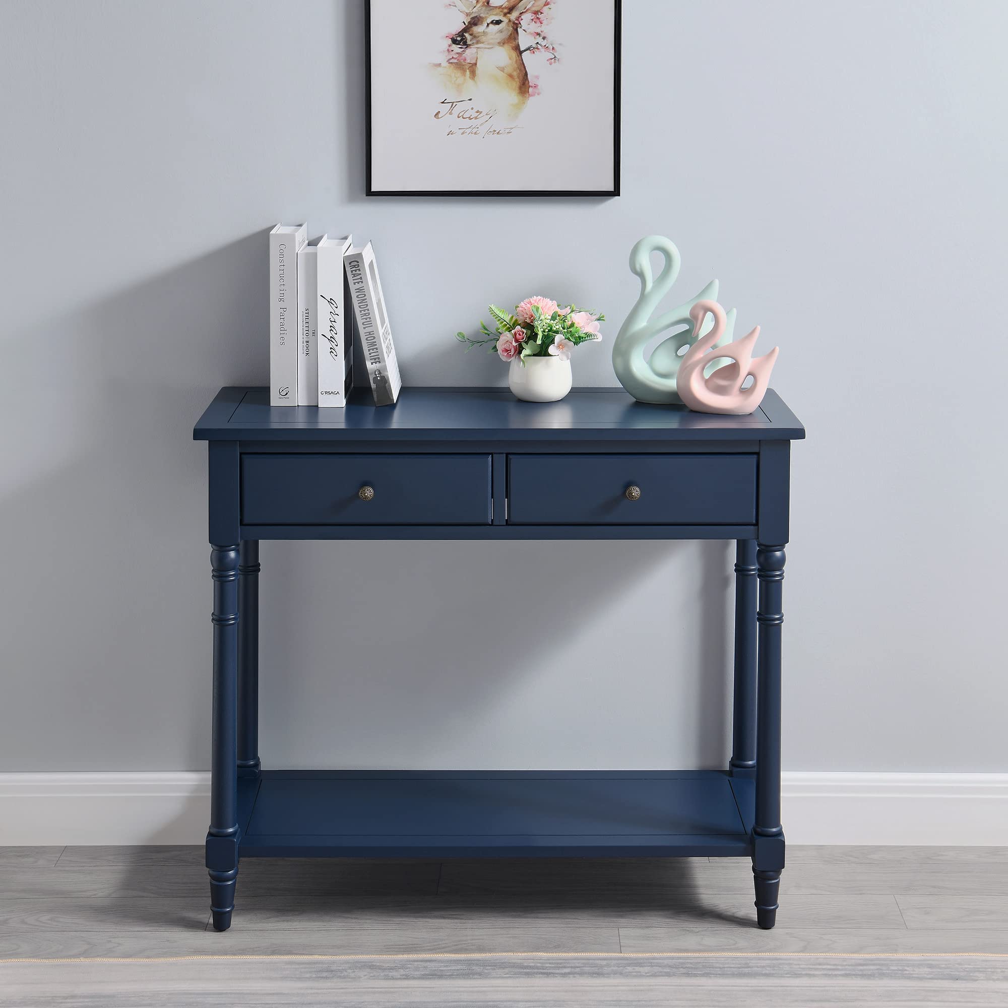 JESONVID Solid Wood Console Table with 2 Drawers, 2-Tier 35.4" X 30" Accent Sofa Table with Multilayer Storage Shelf Rustic Hall Entryway Tables for Living Room Home Office-Blue