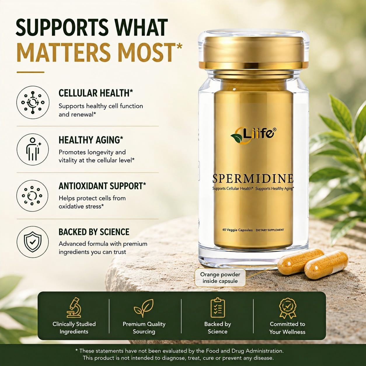 LIIFE Spermine Supplement for Women & Men（6-in-1 Formula）— 60 Vegan for Cellular Health, Anti-Aging & Energy* - Made in USA - 10MG Spermine Per Serving