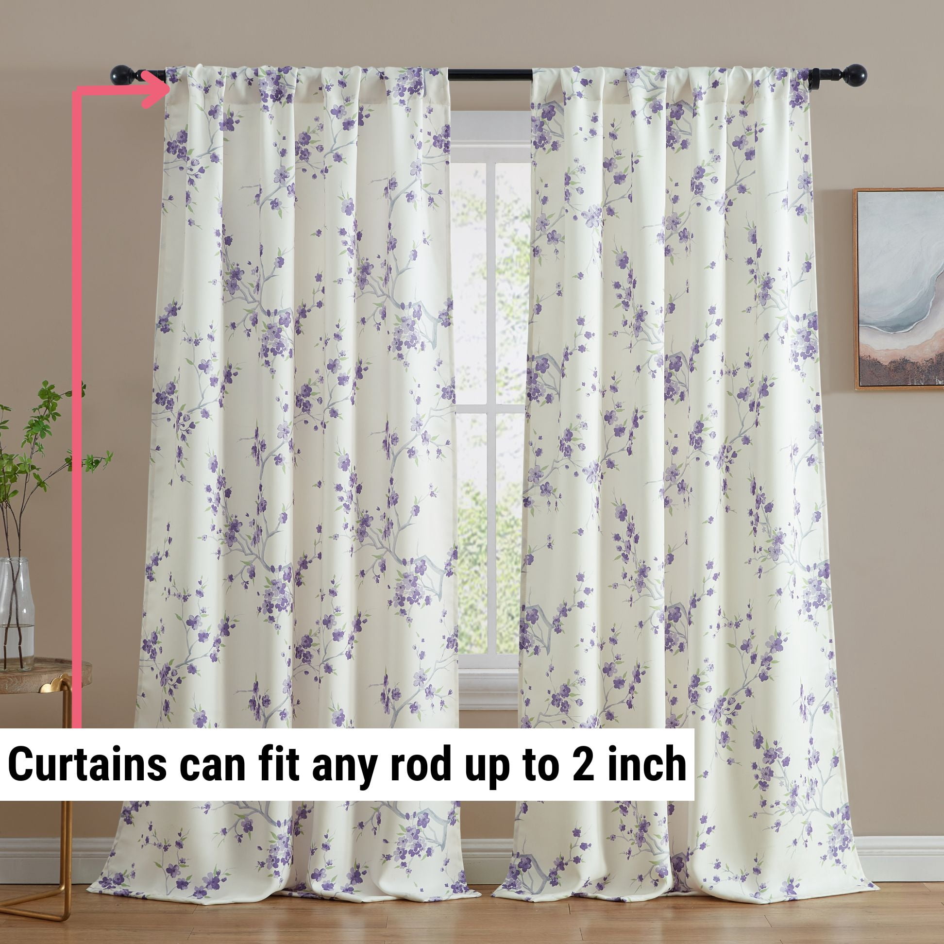 THD Yasmine Floral Room Darkening Rod Pocket Light Filtering Curtain Panels - Set of 2