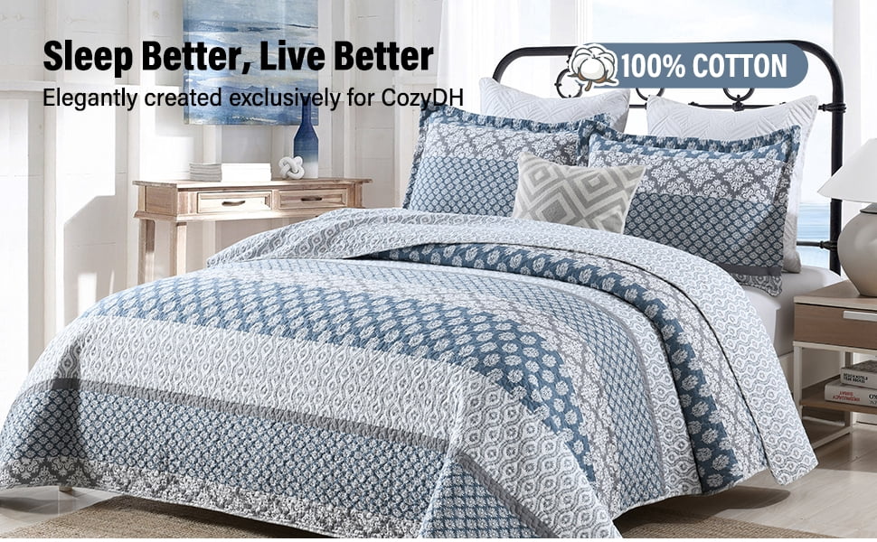 CozyDH 100% Cotton Printed Striped Floral King Quilt Set 3-Pieces, Farmhouse Reversible Lightweight Bedspread with 2 Shams, Blue