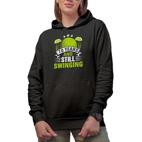 70 Years and Still Swinging, Grandpa or Grandma Golf Player, Golfing or Golfer Themed Merch Gift, Black Hooded Sweatshirt or Hoodie, Small
