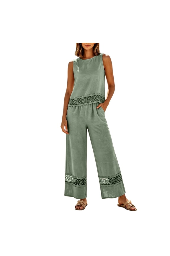 2 Piece Lounge Set for Women Cotton Linen Co Ord Sets Plus Size Sleeveless Round Neck Vest Tops & Wide Leg Trousers with Drawstring Loose Fit Casual Summer Holiday Travel Airport Outfits